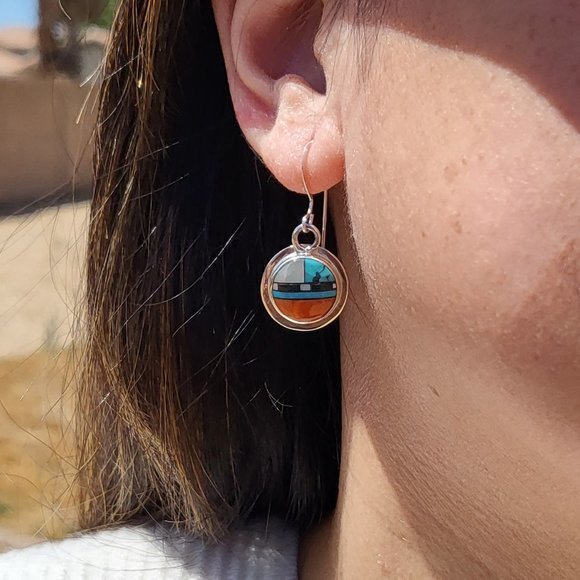 Native American Zuni Women's Sun Face Handmade Dangle Earrings Sterling Silver - Picture 3 of 6